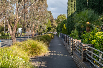 Urban pedestrian walkway with landscaped plants and trees in nature strips and front yard gardens...