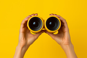 Female hands holding binoculars on a yellow background, representing exploration and curiosity concept. Generative AI