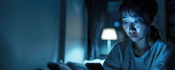 Young woman looking confused and distressed at her phone screen. Smartphone addiction and cyberbullying concept