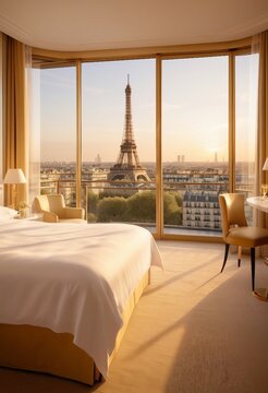Peaceful white linen hotel bedroom offering a breathtaking vista of the Eiffel Tower from the window during the golden hour
