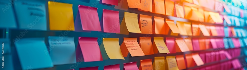 Aufkleber creative brainstorming session with vibrant notes on glass walls for dynamic team and innovative des
