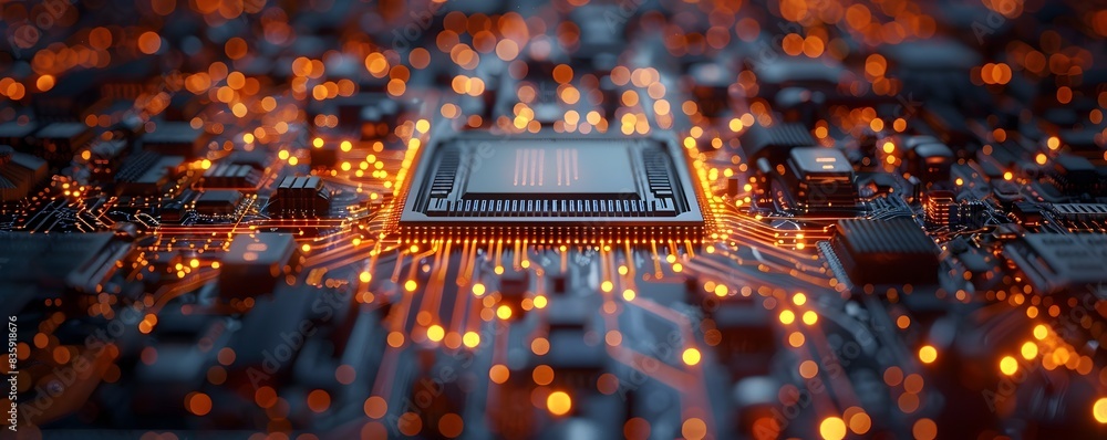 Poster sophisticated quantum computer circuit showcasing complex electronic interconnectivity and technolog
