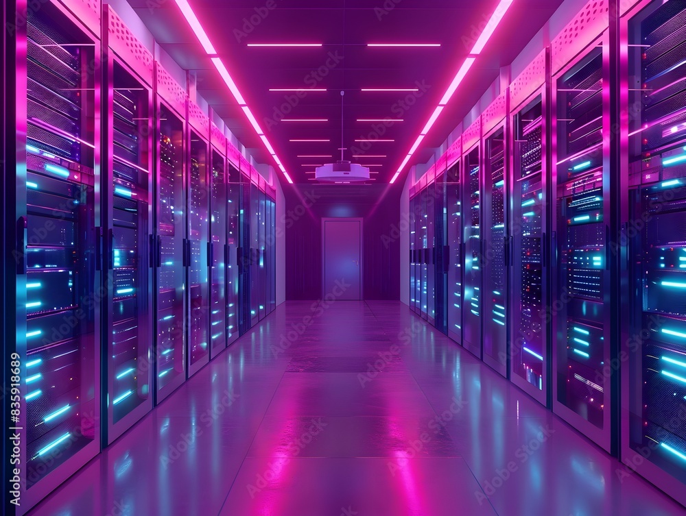 Poster futuristic data center with vibrant neon lighting and rows of servers for advanced computing and dig