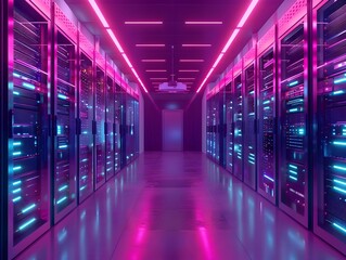 Fototapeta premium Futuristic Data Center with Vibrant Neon Lighting and Rows of Servers for Advanced Computing and Digital Storage Solutions