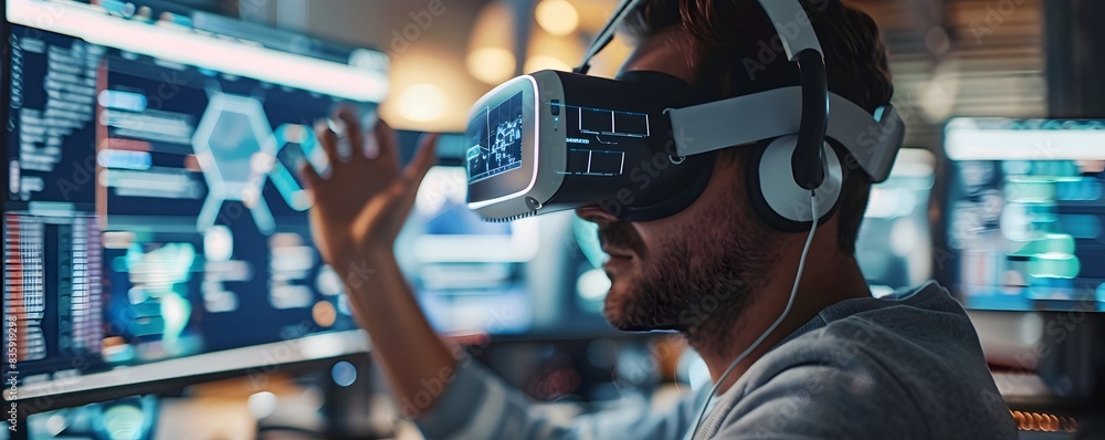 Poster web developer utilizing virtual reality to design interactive 3d website