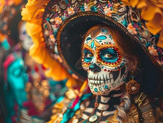 Elaborate Skeleton Costumes and Floats in Mexican Day of the Dead Parade Cultural Diversity and Festive Concept