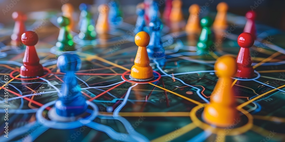 Aufkleber strategic networking and digital communication concepts in corporate board game setup