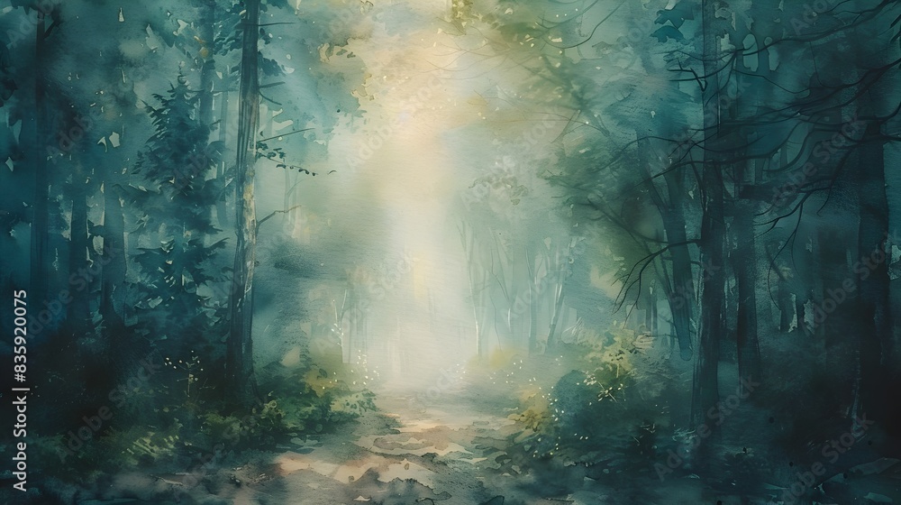 Poster misty watercolor forest path with soft light filtering through the trees