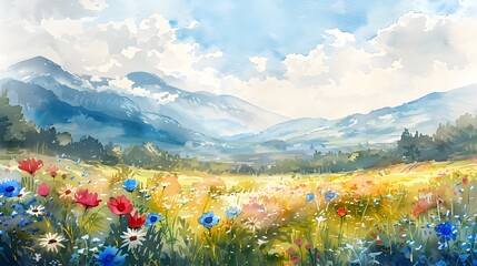 Vibrant Watercolor Landscape of Blooming Wildflowers in Serene Mountain Valley at Sunrise