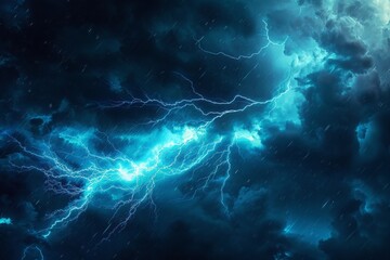 A blue lightning bolt streaks through the night storm, its crackling impact and magical energy flash creating an electrifying spectacle amidst the darkness