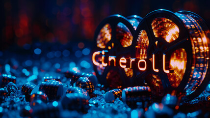 text "Cineroll" made of cinematic film,generative ai