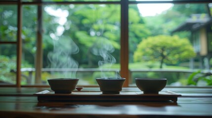 A tranquil tea house serving steaming bowls of miso soup, with a serene garden view, emphasizing calm and relaxation. --ar 16:9 --style raw Job ID: 0a652f86-9d66-499d-9175-2bce419c636d