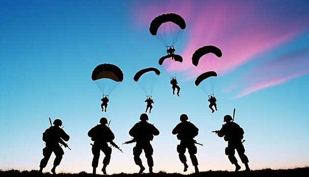 Powerful silhouettes of a platoon of parachuting soldiers, encompassing a range of racial and gender representations, plummeting from a vibrant sky at dusk.
