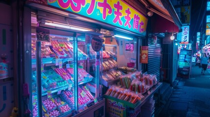 Fototapeta premium A vibrant sweet shop in a neon-lit street, selling colorful mochi with digital advertisements and a lively atmosphere, emphasizing modern urban culture. 