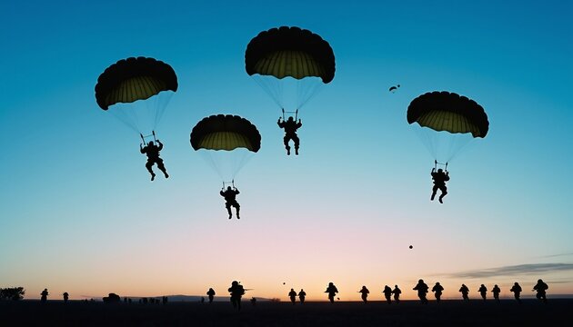 Powerful silhouettes of a platoon of parachuting soldiers, encompassing a range of racial and gender representations, plummeting from a vibrant sky at dusk.
