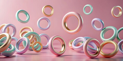 Several pastel abstract rings float and overlap against a soft pink background, creating a sense of movement and lightness. Some rings have color gradients that enhance the 3D effect.AI generated.