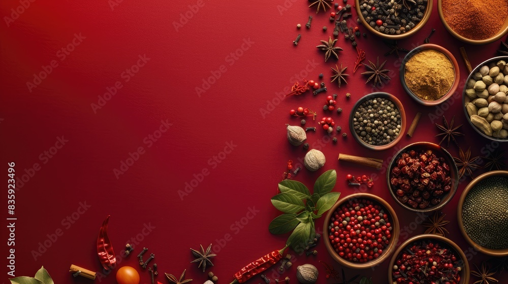 Poster assorted spices arranged on a dark red retro backdrop from above