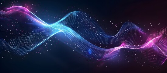 Fototapeta premium Abstract background with blue and purple lines of dots, wavy shapes on a dark background vector illustration set 