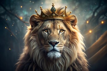 Fototapeta premium Majestic Lion Wearing Crown on Cinematic Background