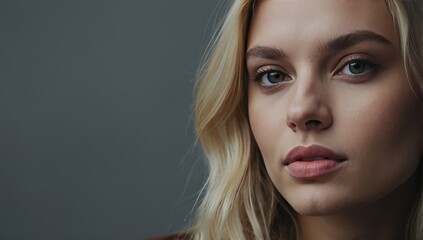 Naklejka premium Close-Up Portrait of Young Beautiful Blonde Woman on Gray Background