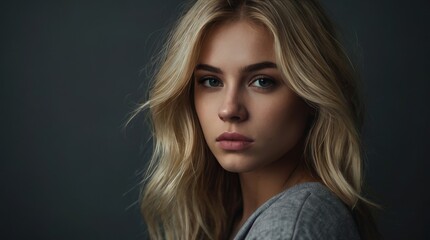 Fototapeta premium Close-Up Portrait of Young Beautiful Blonde Woman on Gray Background