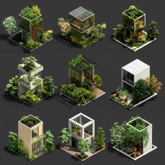 3d isometric illustrations of ecofriendly building with greenery on the roof