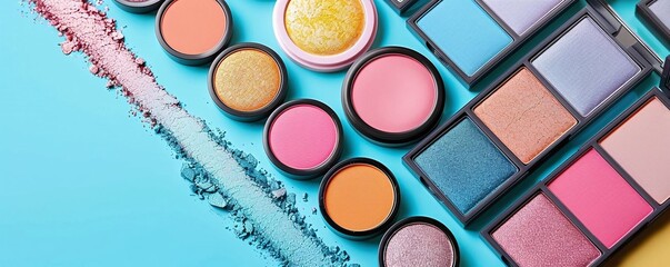 Generate a flat lay design of a bright eyeshadow palette, blush, and highlighter