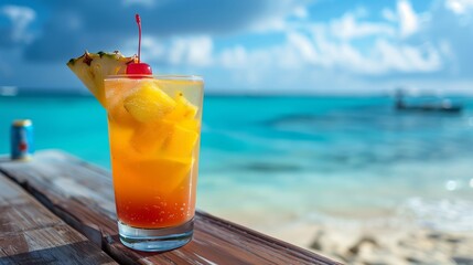 Cold Tropical Cocktail With Pineapple Slice And Cherry On Wooden Deck Beside Turquoise Ocean And Bright Sunny Blue Sky