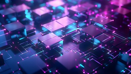 Obraz premium Abstract digital background with blue and purple glowing blocks, symbolizing technology or data flow concept 