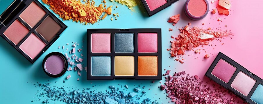 Generate a flat lay design of a bright eyeshadow palette, blush, and highlighter