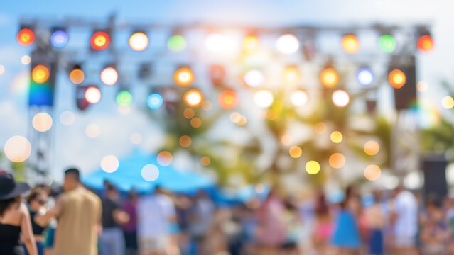 Unscharfes Strandfestival mit Musik sowie Menschenmenge und bunter, festlicher Beleuchtung im Sommer im Freien am Strand