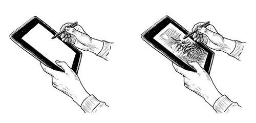 Human hands holding tablet pc, fingers, human palm, draw, sketch, realistic, vector hand drawing isoated on white