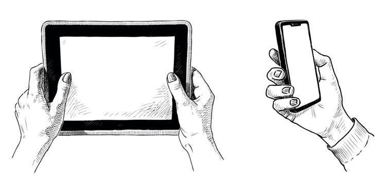 Human hands holding tablet pc, smartphone, devices, sketch, realistic, vector hand drawing isolated on white