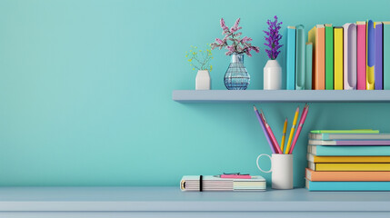 School supplies including notebooks, pens, and pencils neatly arranged on a solid grey shelf in an isolated room with a light blue background, providing a modern look for an educational background.