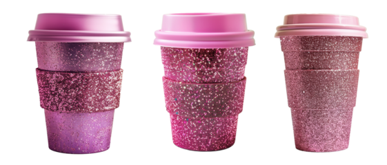 Glittery pink cups with sparkles and lids transparent background