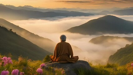 A wise sage meditating at sunrise on a mountain top, symbolizing peace and self-discovery. Generative Ai.