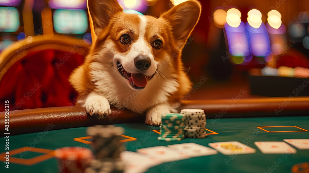 Poster a dog is sitting on a poker table with a pile of chips in front of it. the dog appears to be enjoyin