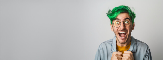 A man with green hair and glasses is smiling and holding his hands up in the air. Concept of excitement and joy. excited joyful male IT genius with green hair in a moment on plain white background - Powered by Adobe
