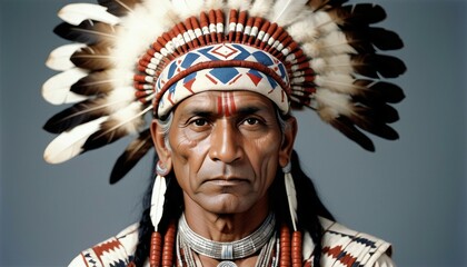 Obraz premium portrait of a muscled young American Indian tribal chief in traditional dress, isolated white background, copy space for text 