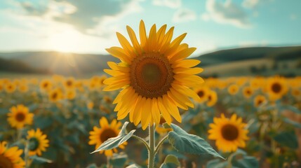 Fototapeta premium One bright sunflower standing tall amongst a field of sunflowers