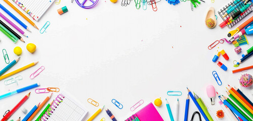 Top view of colorful school supplies creating a border on a white background, perfect for a back to school theme with ample space for text.