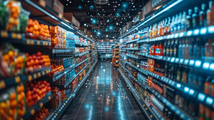 front perspective, blurred grocery shelves, food articles semi visible, a topping layer of technological lines and tech vibe.generative ai