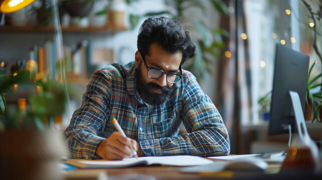 Man writing on paper at desk