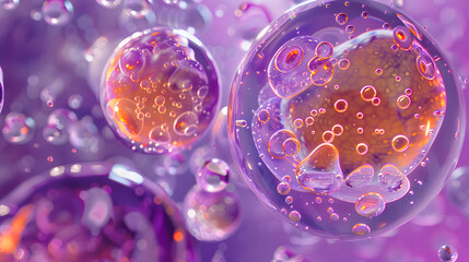  a round cell in which viscous liquid honey bubbles mix with purple liquid shapes