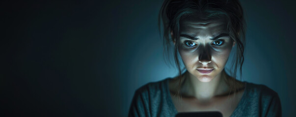 Young woman looking confused and distressed at her phone screen. Smartphone addiction and cyberbullying concept