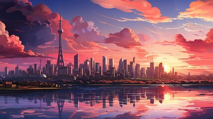 Fototapeta premium A futuristic city skyline powered by smart technology, envisioning the cities of tomorrow. Painting Illustration style, Minimal and Simple,