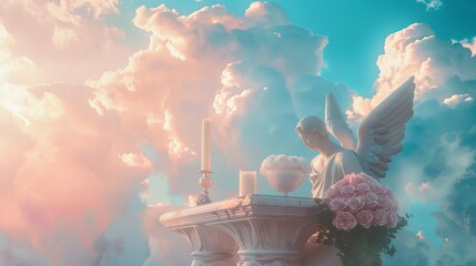 Eucharist table under serene sky with angel. Digital art 