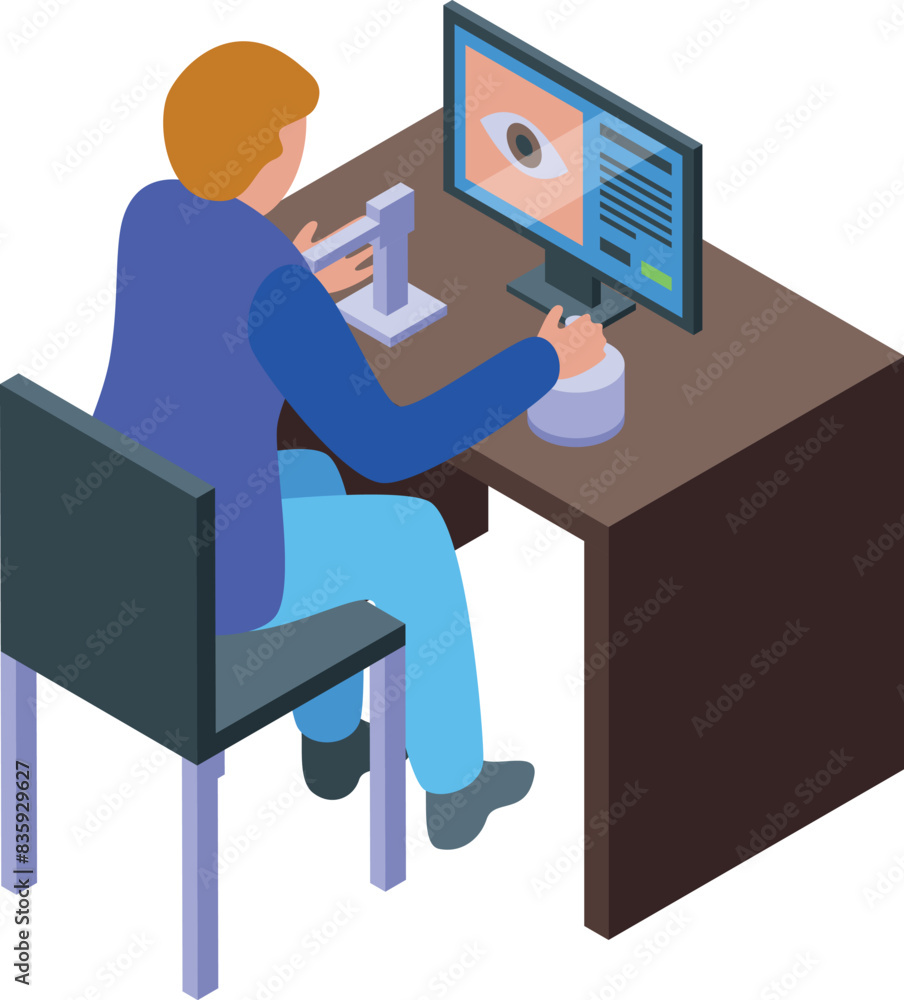 Poster isometric illustration depicting a professional working attentively at a computer desk with document