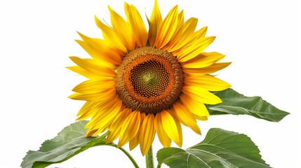 A large sunflower with green leaves set against a white background
