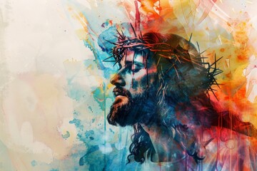 Jesus wearing crown of thorns. watercolor painting Artistic representation with space for text